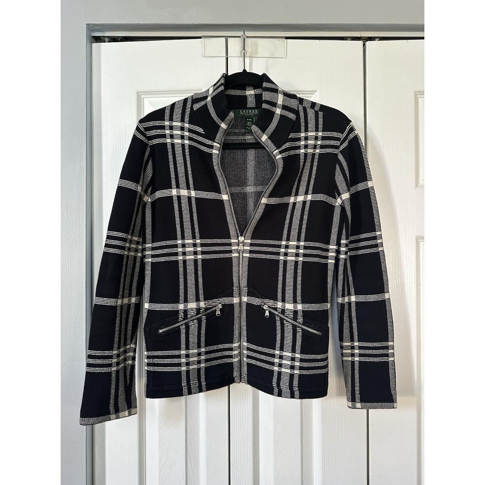 Lauren by Ralph Lauren Plaid Sweater Jacket · Black & White Zip-Up Medium Petite